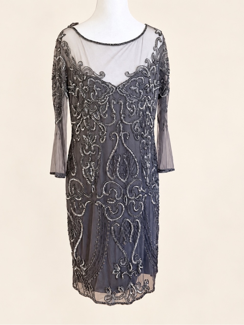 Embellished Gray Long Sleeve Dress